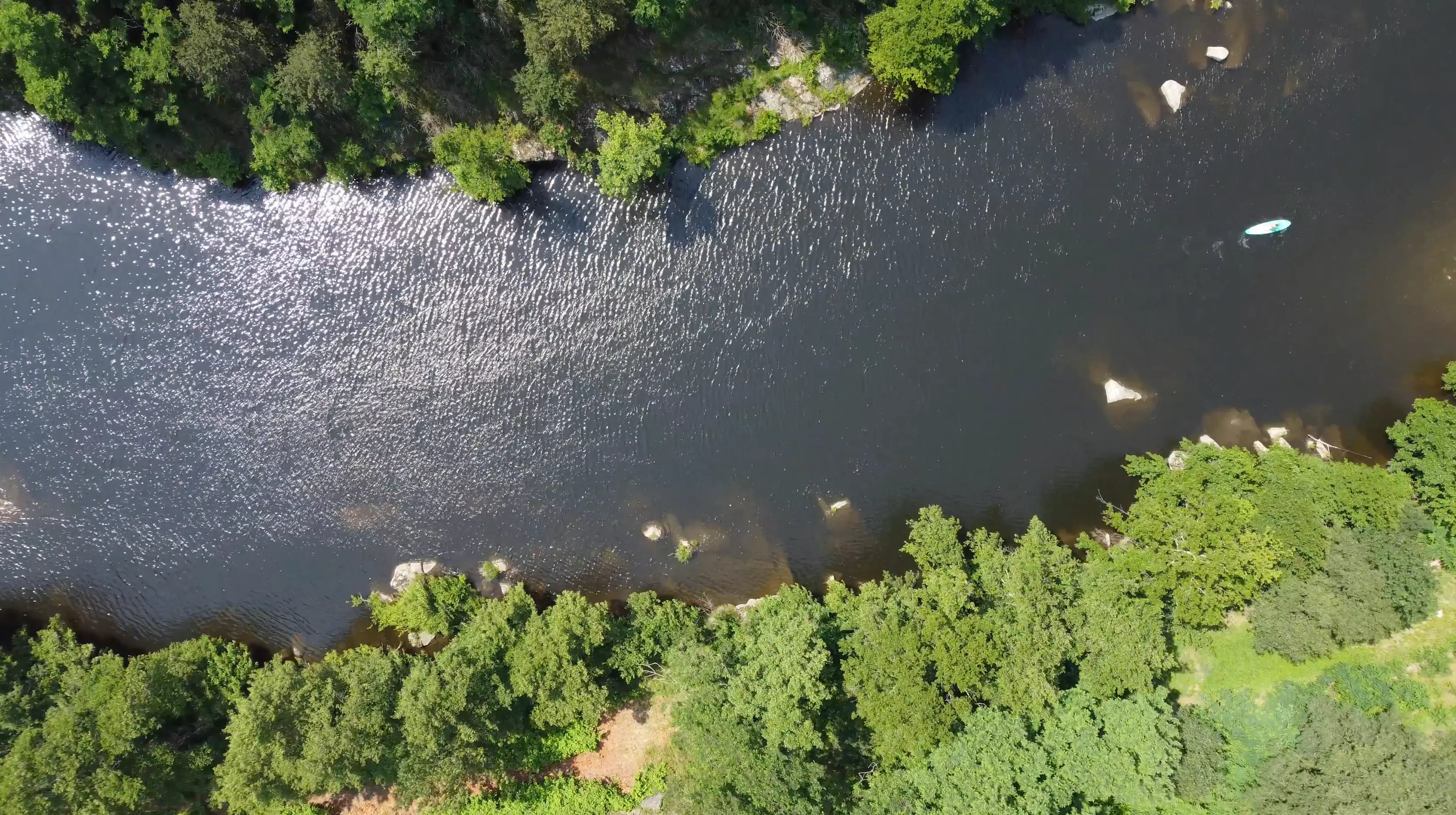 Vue aérienne de la rivière avec des paddles sur l'eau